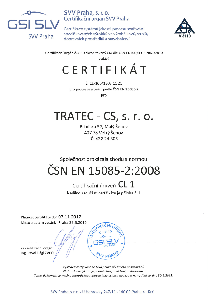 Certifikát ČSN EN 15085-2